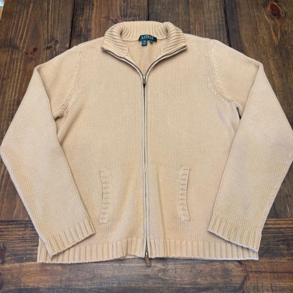 Lauren Ralph Lauren Womens XL Full Zip Cotton Shaker Knit Cardigan Tan Sweater